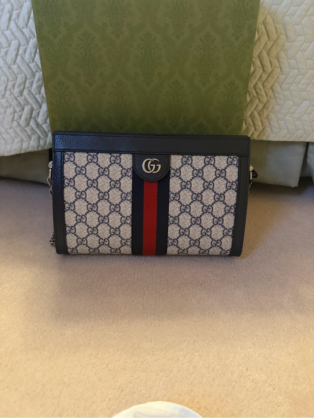Gucci GG Supreme Crossbody with Navy Trim and Red Stripe